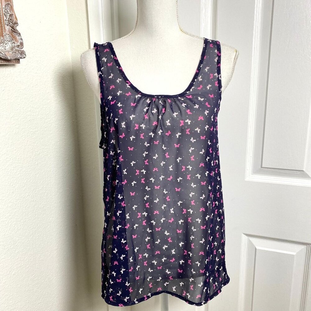 Daisies Pink White Ribbon Bow Printed Sheer Swing Navy Tank Size Medium